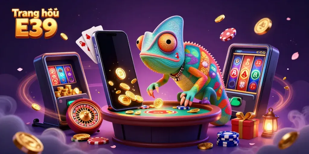 Engaging scene at Trang chủ E39 showcasing a chameleon casino owner and exciting game elements.