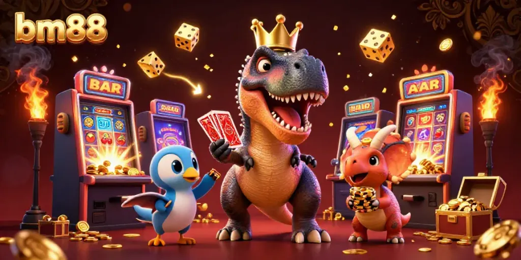 Engage with the vibrant scene of bm88 casino, featuring playful characters amidst a jackpot explosion.