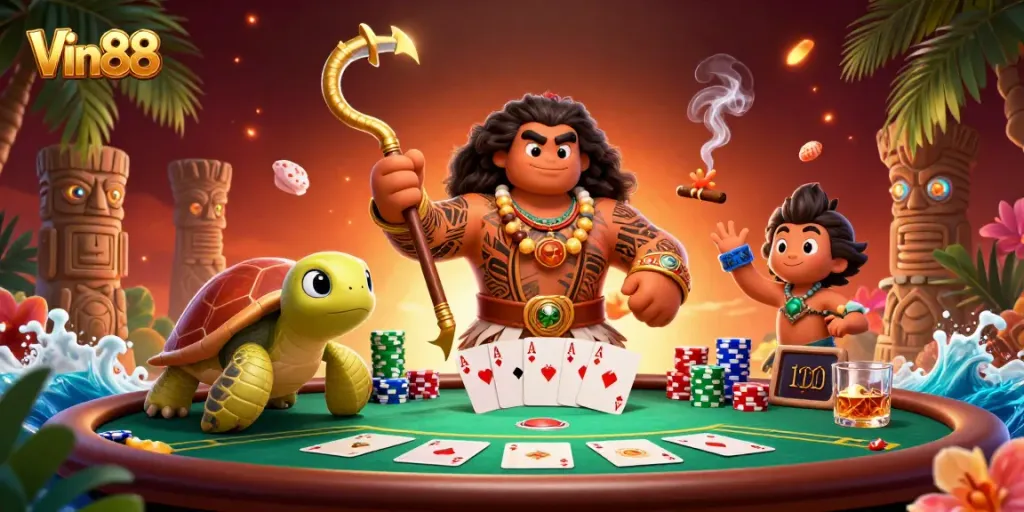 Win big at Vin88 while enjoying a vibrant casino scene with poker elements and colorful characters.