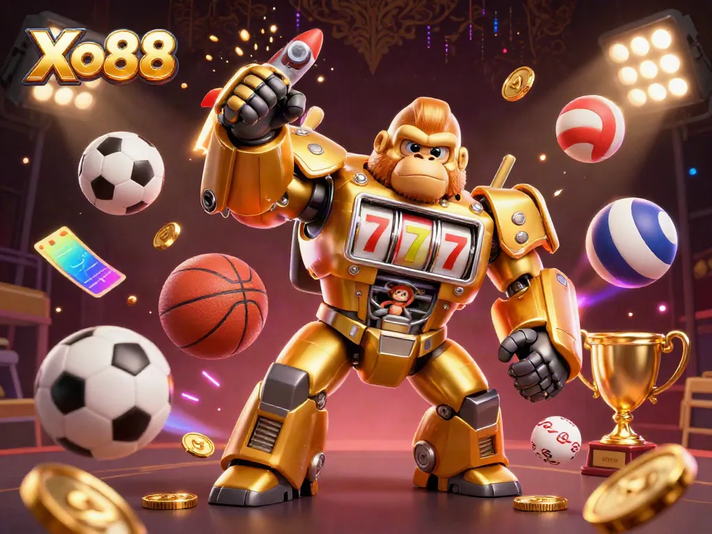 Xo88 showcases diverse gaming excitement with a cartoon gorilla mecha amidst vibrant sports action.