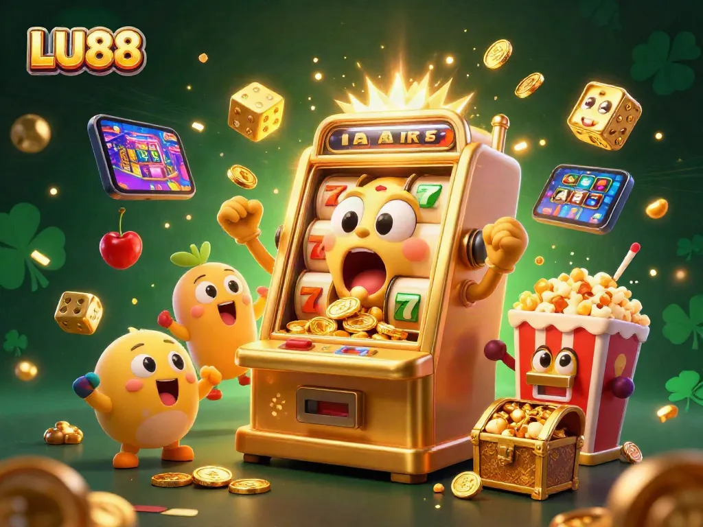 LU88 slot machine hitting a jackpot, surrounded by cheering characters and casino elements