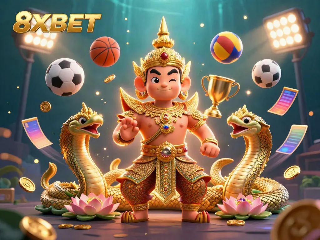 Experience thrilling betting at 8XBET with our vibrant illustration of casino excitement, sports action, and golden treasures.