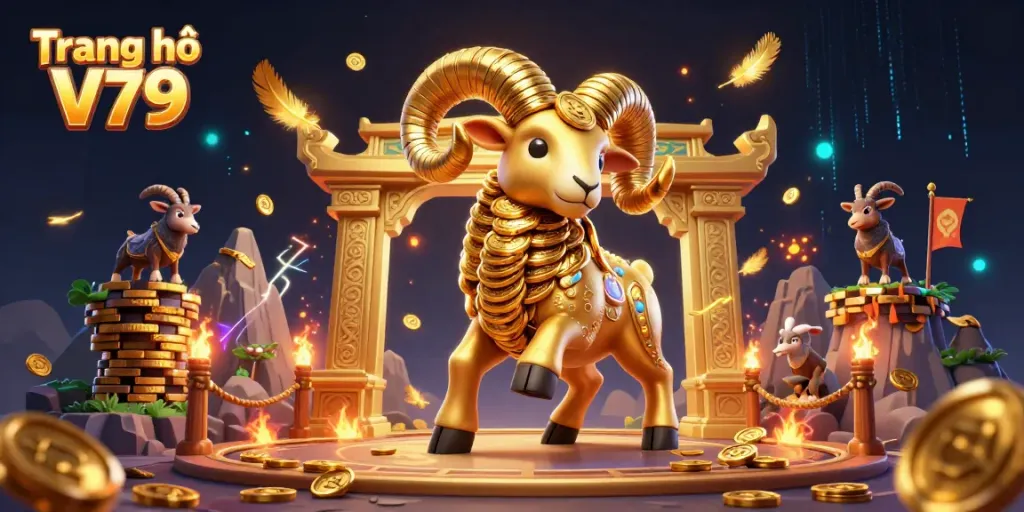 Experience thrilling action at Trang chủ V79 with a golden ram charging at a majestic gate amidst swirling coins and gaming elements.