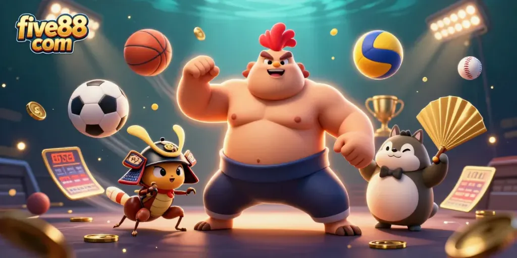 Experience dynamic betting with five88 com in this vibrant casino illustration showcasing epic characters and fun elements.