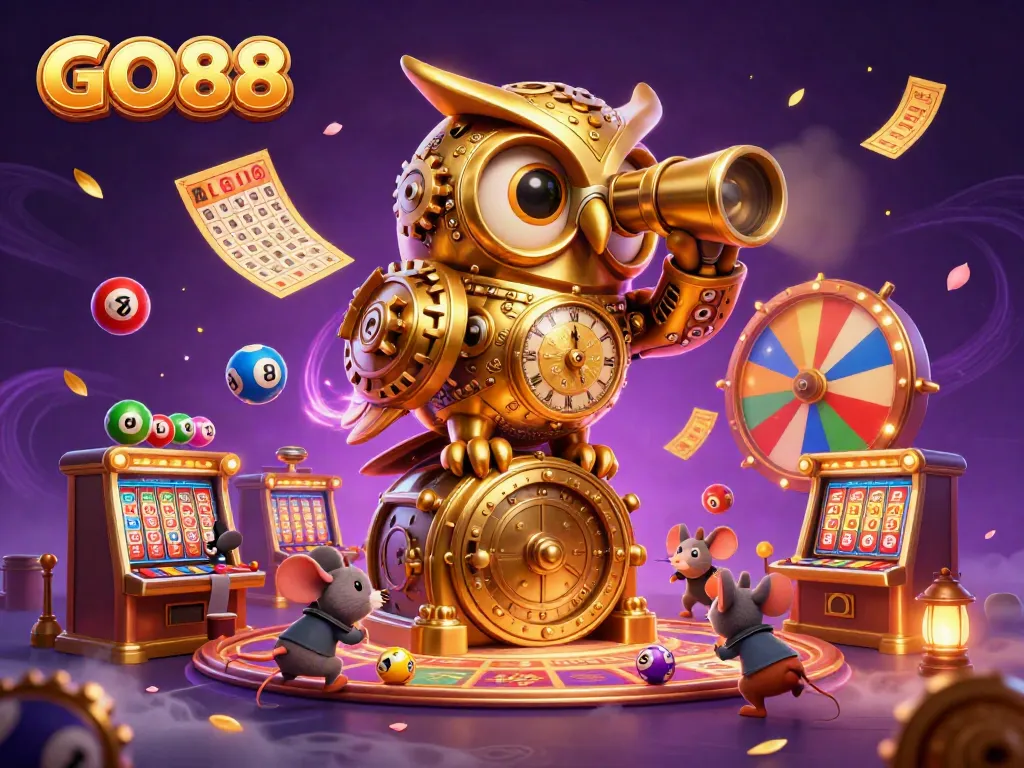 Engage with GO88's vibrant 3D casino scene featuring a golden owl and dynamic game elements.