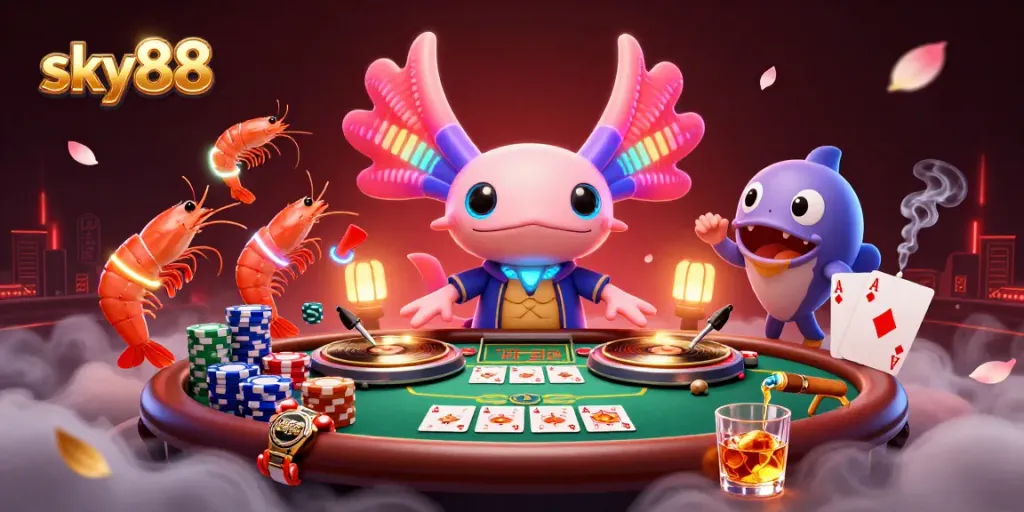 Experience the excitement of sky88 with a vibrant casino scene featuring unique characters and dynamic game elements.