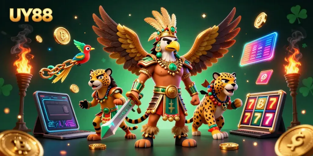Experience the excitement of UY88 with Aztec warriors and crypto elements in a vibrant casino scene.