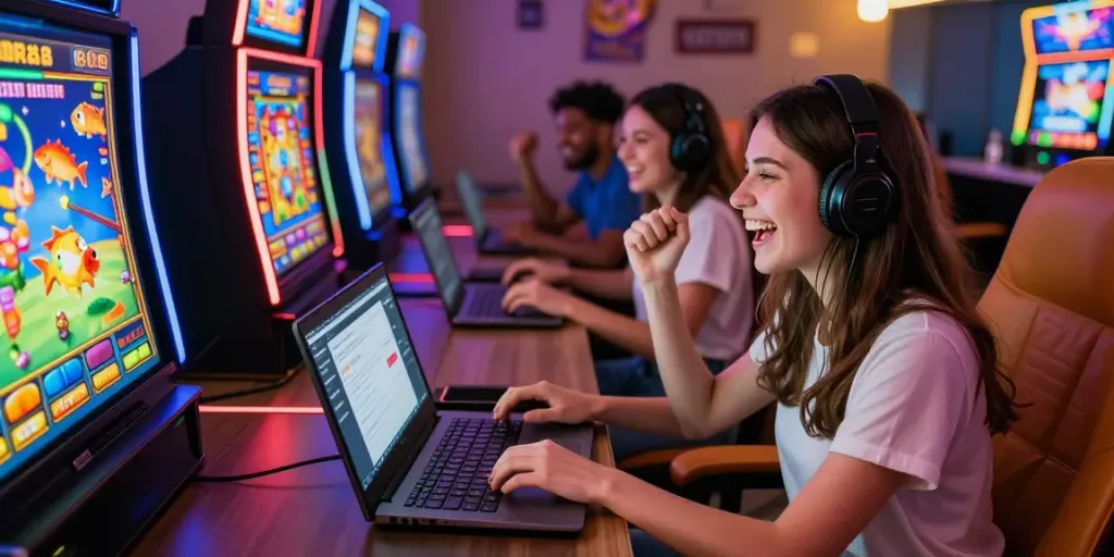 Players enjoying various games on the Gem88 platform in an energetic gaming lounge atmosphere.