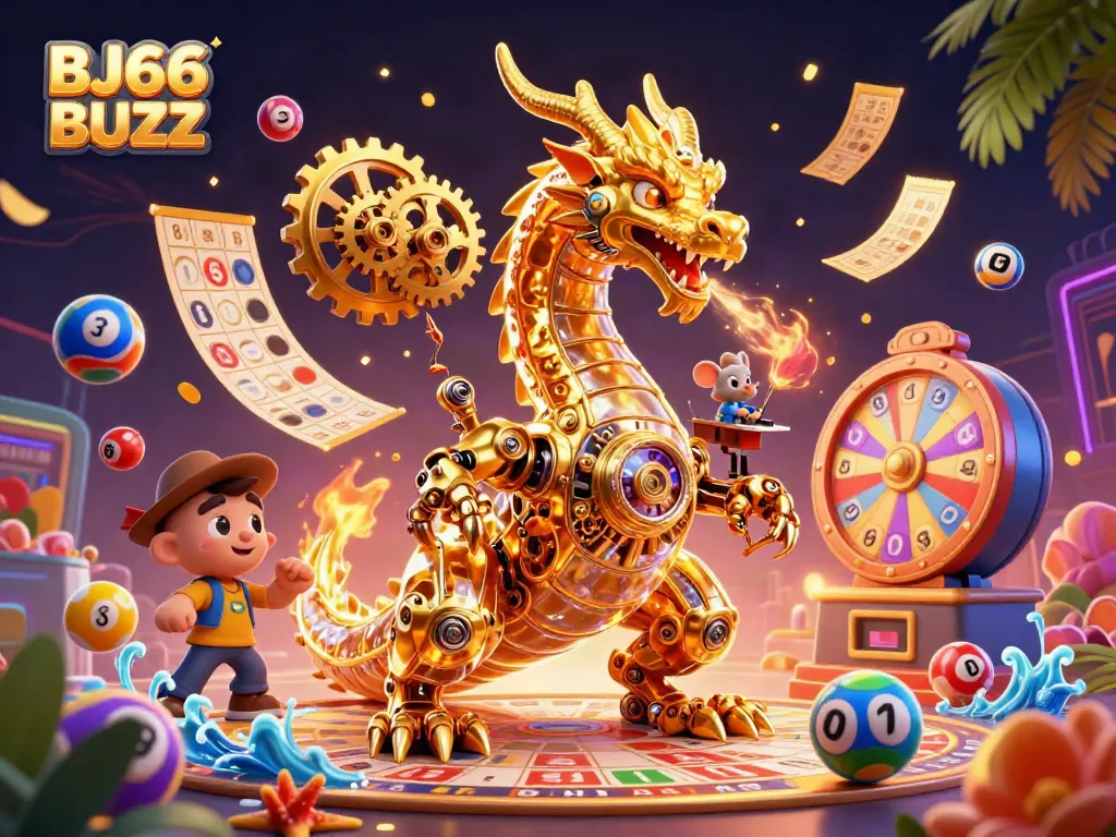 Experience the thrilling BJ66 BUZZ with a golden dragon and vibrant gambling elements in a captivating scene.