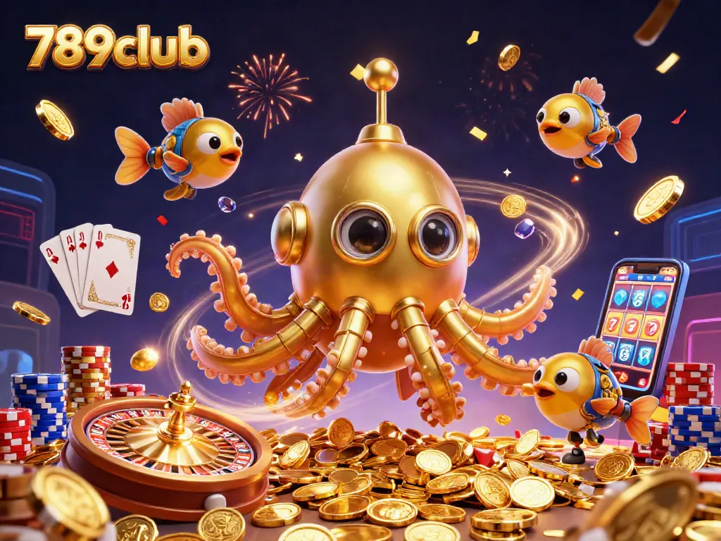 Experience exciting gaming action with 789club's vibrant 3D illustration full of golden treasures and dynamic casino elements.