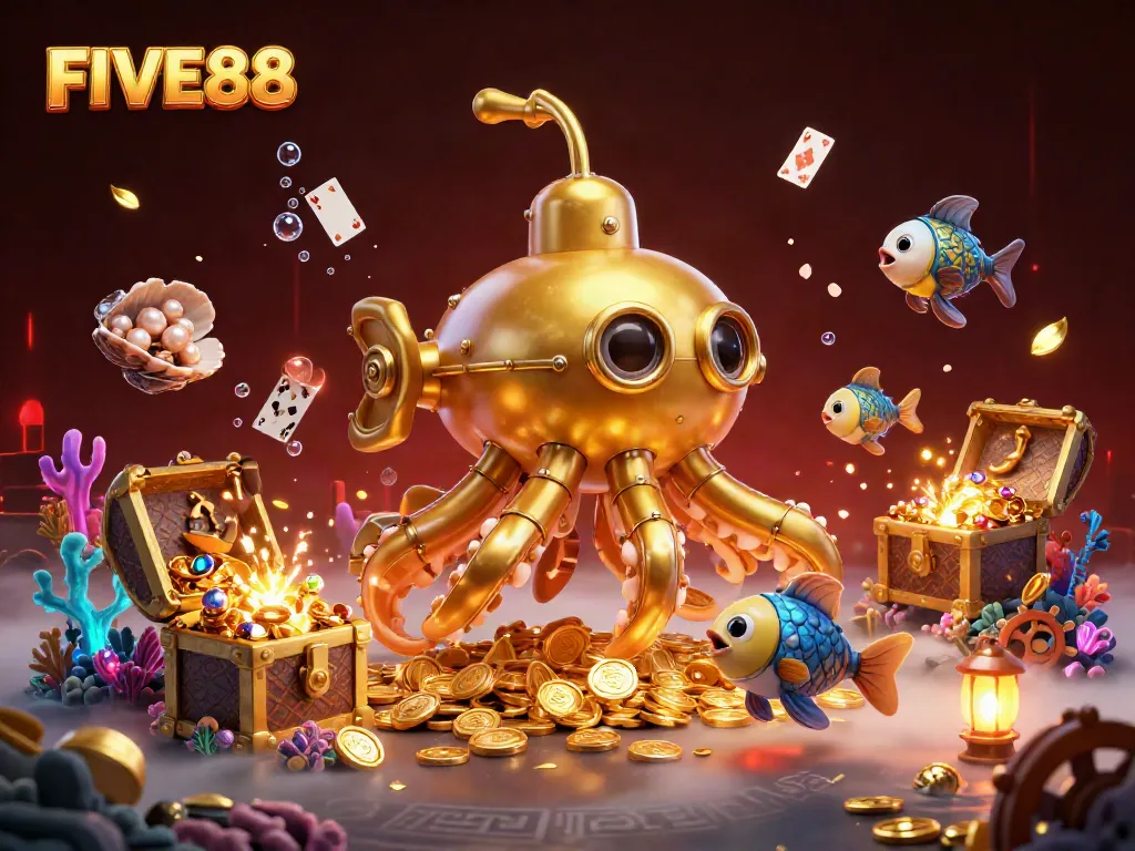 Engage with FIVE88's thrilling underwater adventure showcasing golden kraken and casino elements
