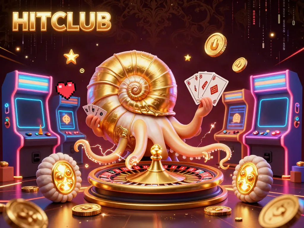 HITCLUB's vibrant online casino scene featuring a nautilus roulette wheel and glowing companion fossils.