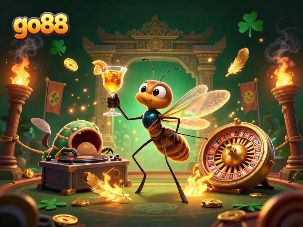 Engage with go88's vibrant casino games featuring a lively frozen-in-amber mascot, trilobite DJ, and golden roulette.
