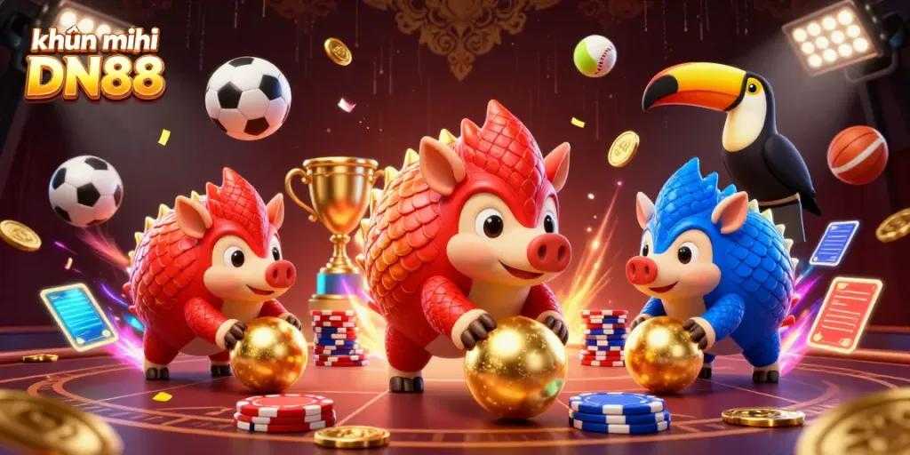 Experience thrilling khuyến mãi DN88 with dynamic pangolin characters rolling through poker chips in this vibrant casino scene.