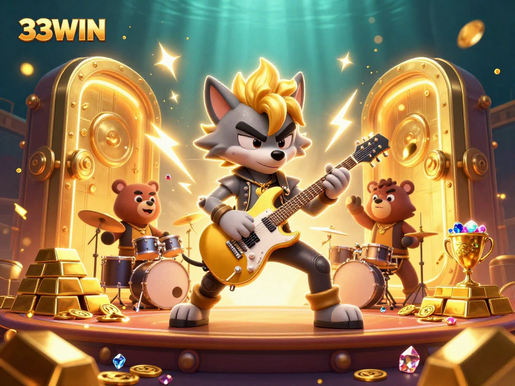 Experience thrilling gameplay with 33WIN's vivid gambling scene, showcasing a rock star wolf and treasures.