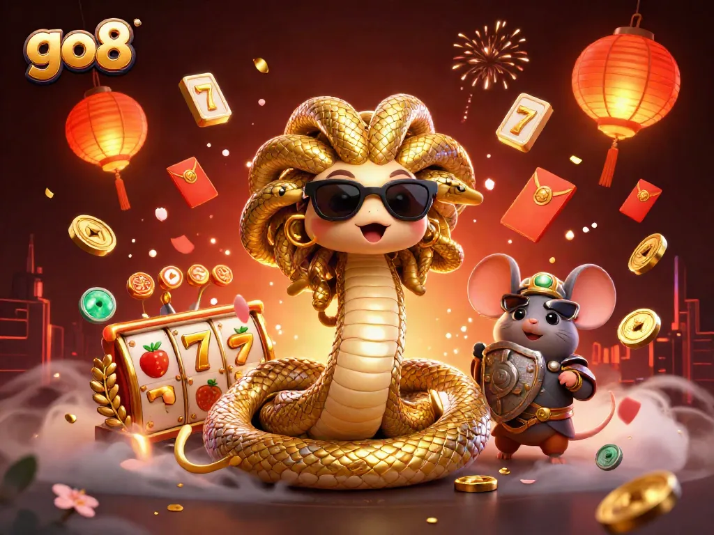 Experience thrilling wins with go8 in a vibrant casino scene with casino elements and mythical characters.