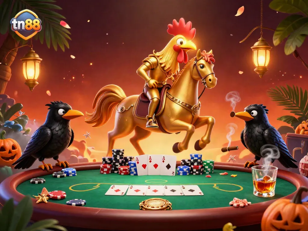 A golden rooster headless horseman in a vibrant casino scene, featuring tn88 themed poker elements and dynamic interaction.