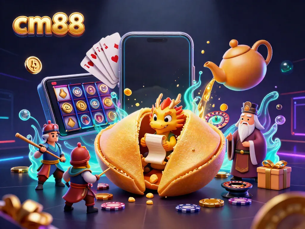 Experience exciting gameplay at cm88, featuring a giant fortune cookie, vibrant slot games, and dynamic dragon guardians.
