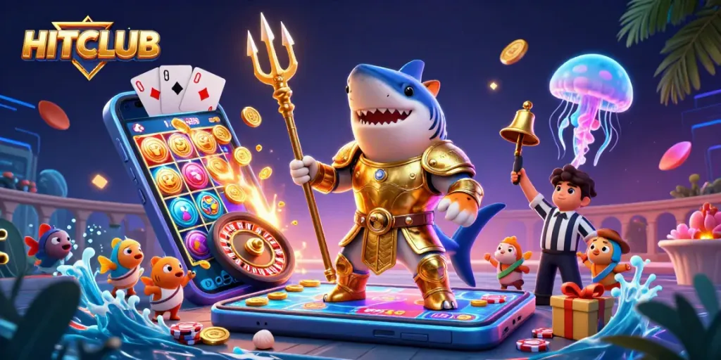 Experience excitement with HITCLUB as a fierce shark in gladiator armor commands an underwater casino.
