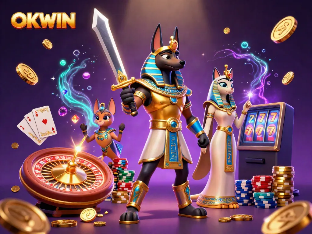 Embark on thrilling adventures with OKWIN, showcasing Anubis and Bastet amid cascading treasures in a vibrant casino scene.