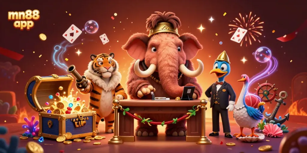 Experience the mn88 app with vibrant characters and exciting casino elements in a stunning 3D scene.
