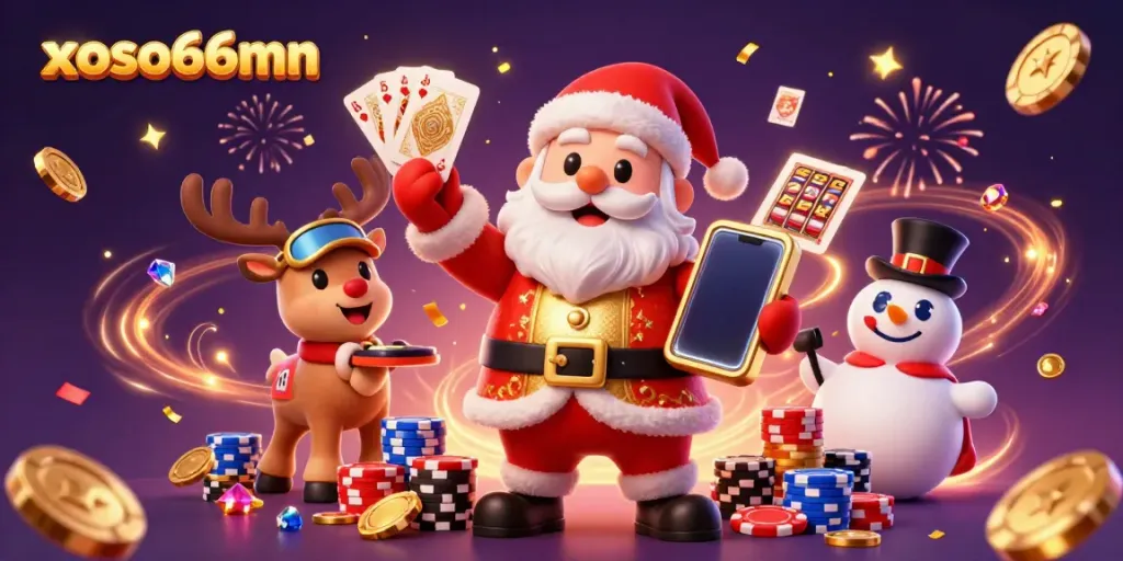 Celebrate jackpots with xoso66mn alongside a joyful Santa in a lively casino scene.