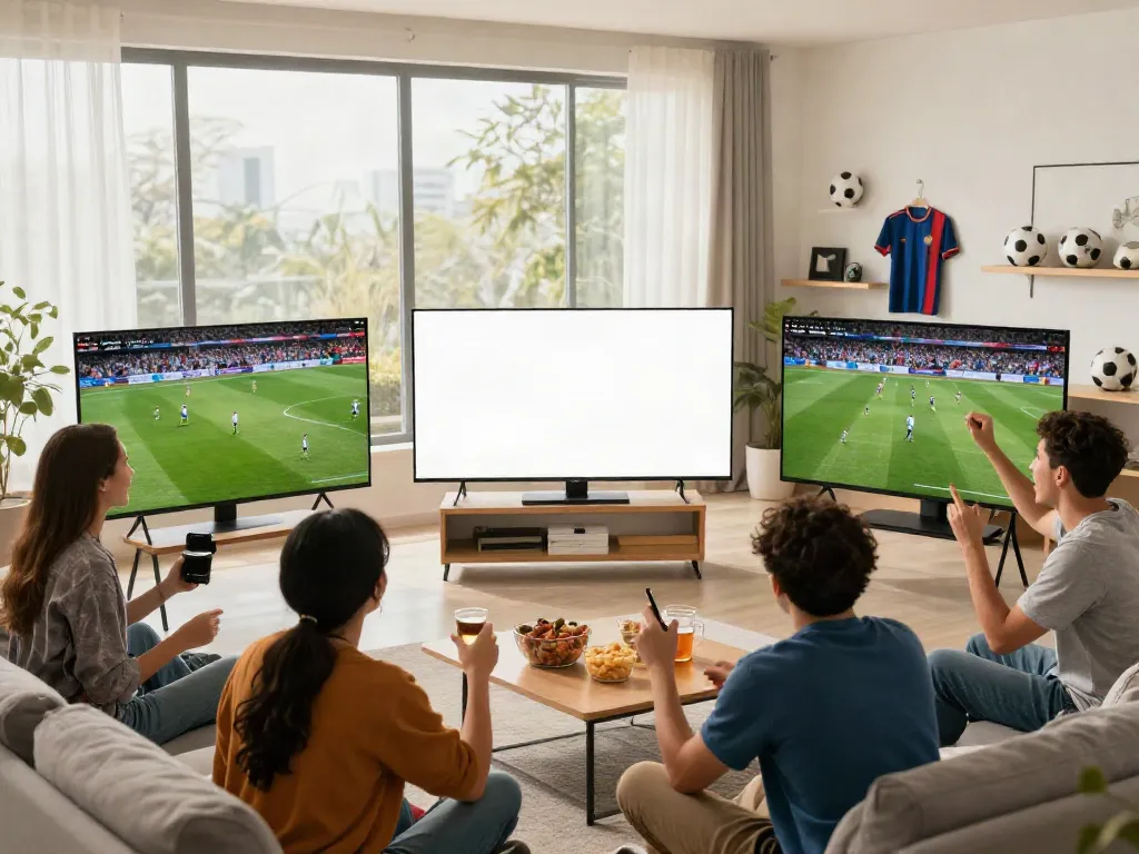 Friends enjoying a live football match on CakhiaTV with snacks and excitement.