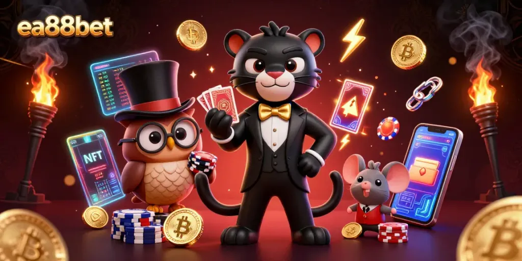Play exciting games at ea88bet with a stylish panther, owl, and lucky mouse in a vibrant casino scene.