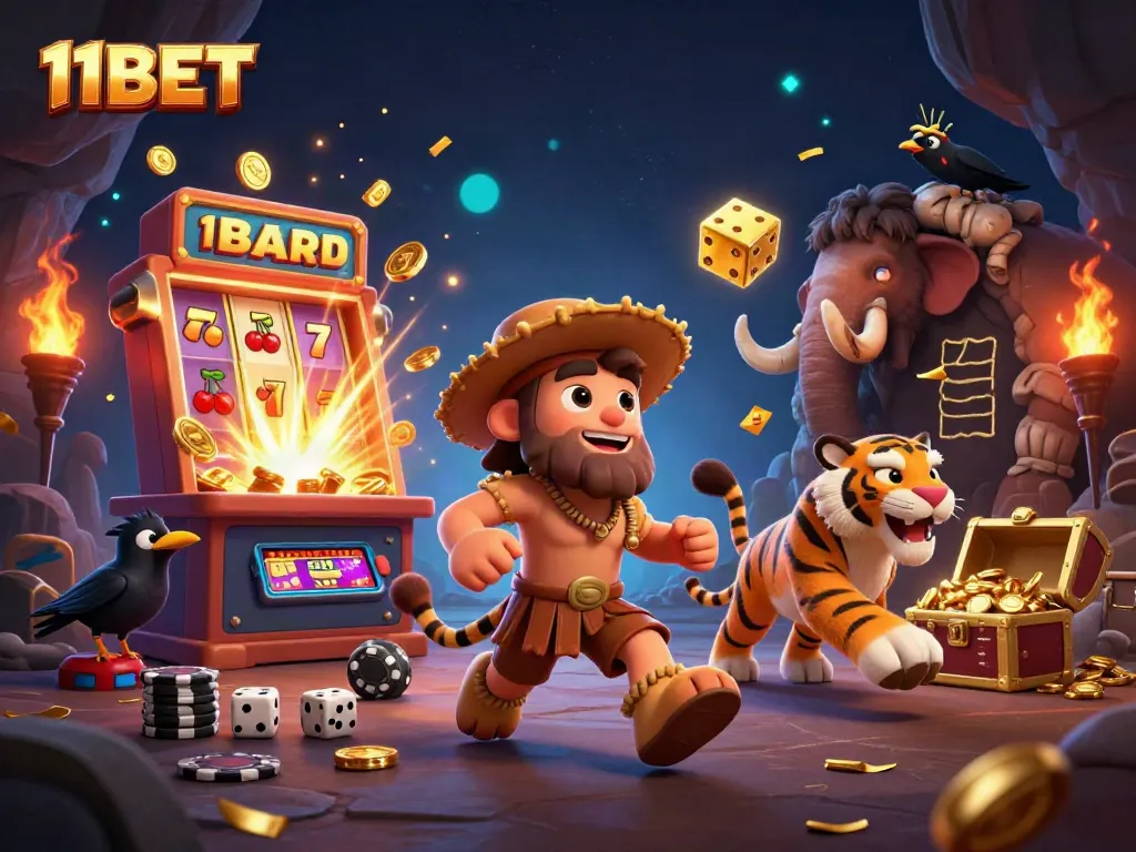 11BET invites players to experience thrills in a vibrant prehistoric casino scene.