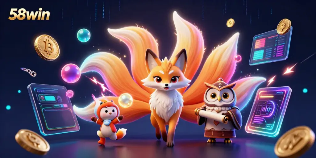 Experience luck and excitement with 58win in a vibrant casino scene featuring unique characters and game elements.