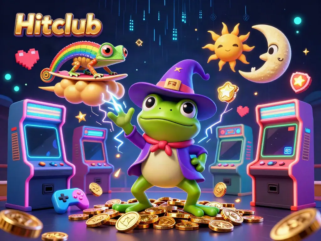 Experience the magic of Hitclub with a wizard frog, chameleon, and golden coins in a vibrant casino scene.