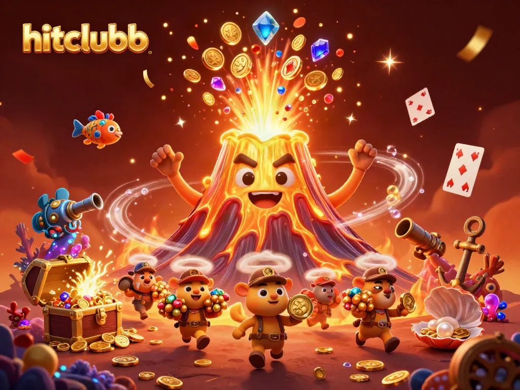 Experience the thrill of hitclubb where treasures burst forth from a golden volcano amidst festive chaos.