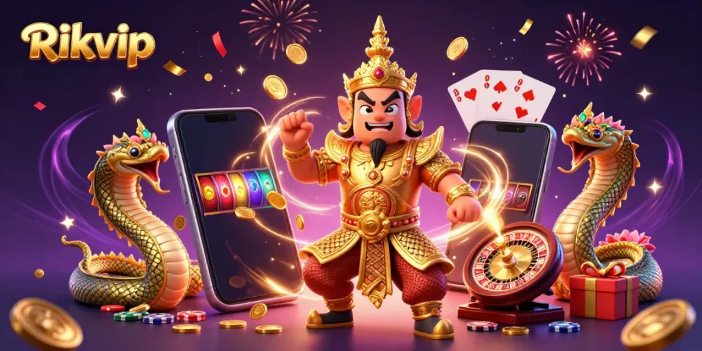 Join the excitement with Rikvip as vibrant slot games and captivating characters unite in a dazzling casino scene.