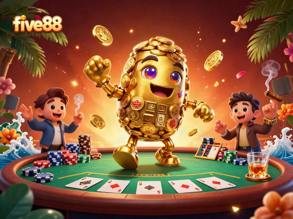 Engage in thrilling games with five88, featuring a golden golem and vibrant poker elements.