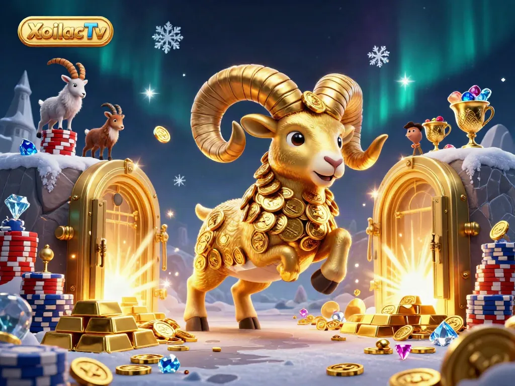 XoilacTv showcases a golden ram at a treasure vault amidst sparkling gems and coins, enhancing gambling excitement.
