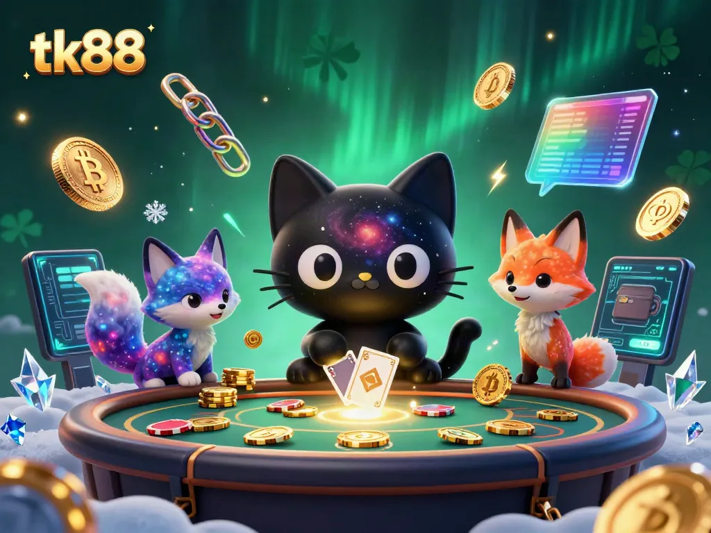 Engage with tk88 as a cartoon black hole cat and colorful nebula fox attract casino chips in a cosmic setting.