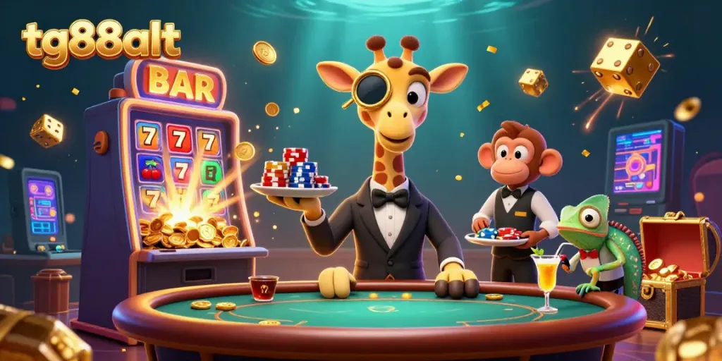 Experience the excitement with tg88alt at this vibrant casino scene featuring a giraffe, monkey, and chameleon.