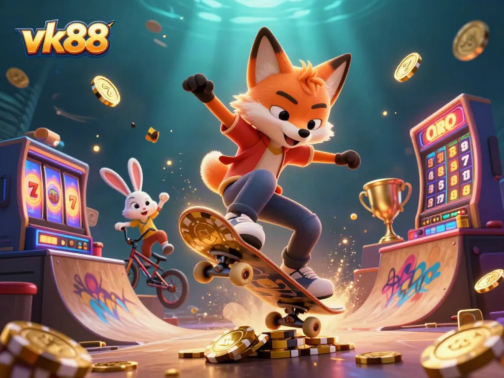 Engage with vk88's thrilling casino games featuring a skateboarder fox and BMX rabbit in vibrant illustration.
