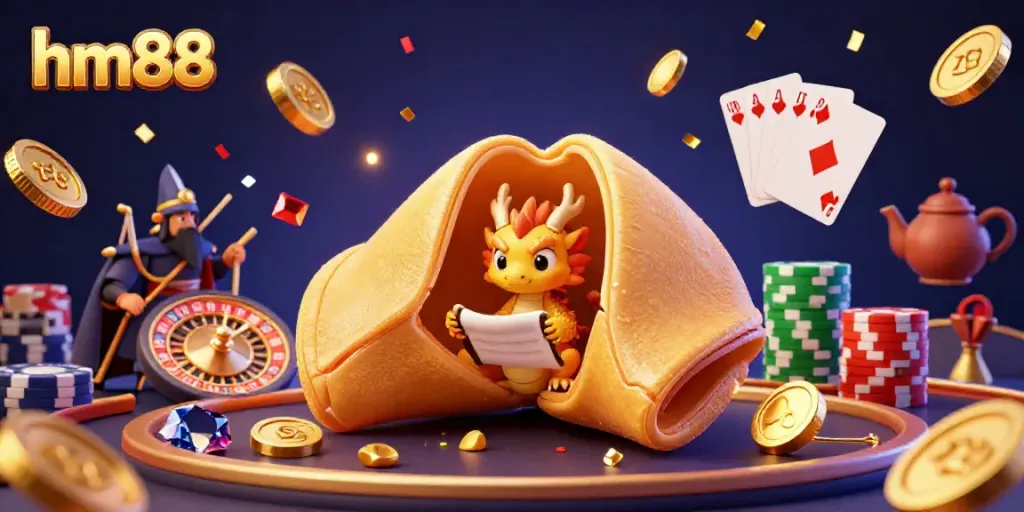 Experience excitement at hm88 casino with golden fortune cookie, wise dragon, and vibrant game elements.