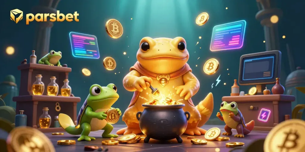 Experience the magic of parsbet as the golden salamander transmutates coins amidst a whimsical casino setting.