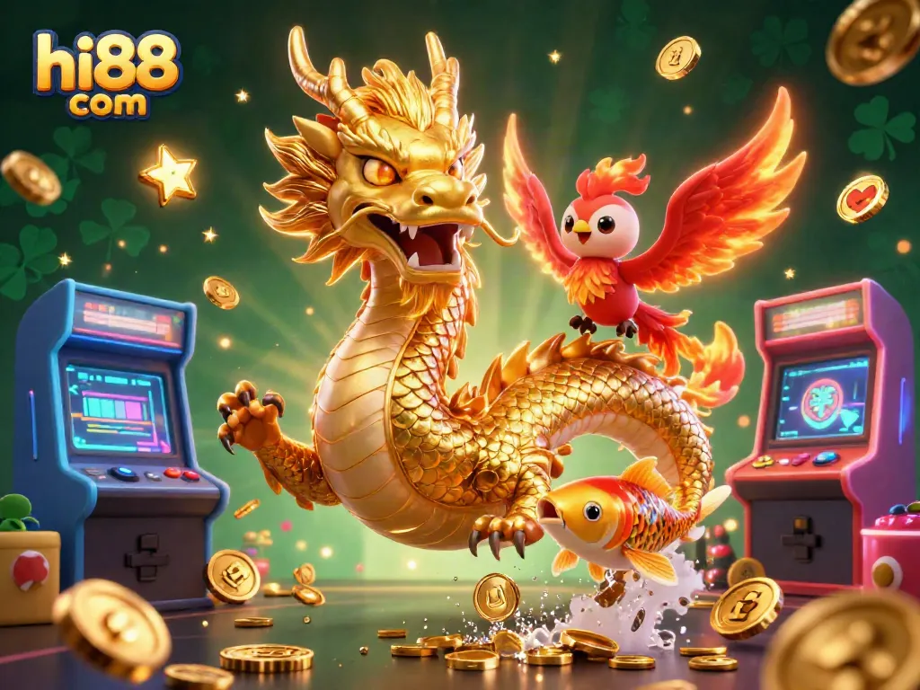 Win big at hi88 com with an exhilarating 3D illustration of a fierce dragon and vibrant gaming elements.