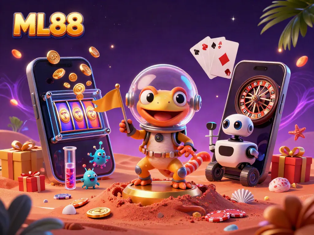 Experience big wins with ML88 in this colorful 3D casino adventure scene.