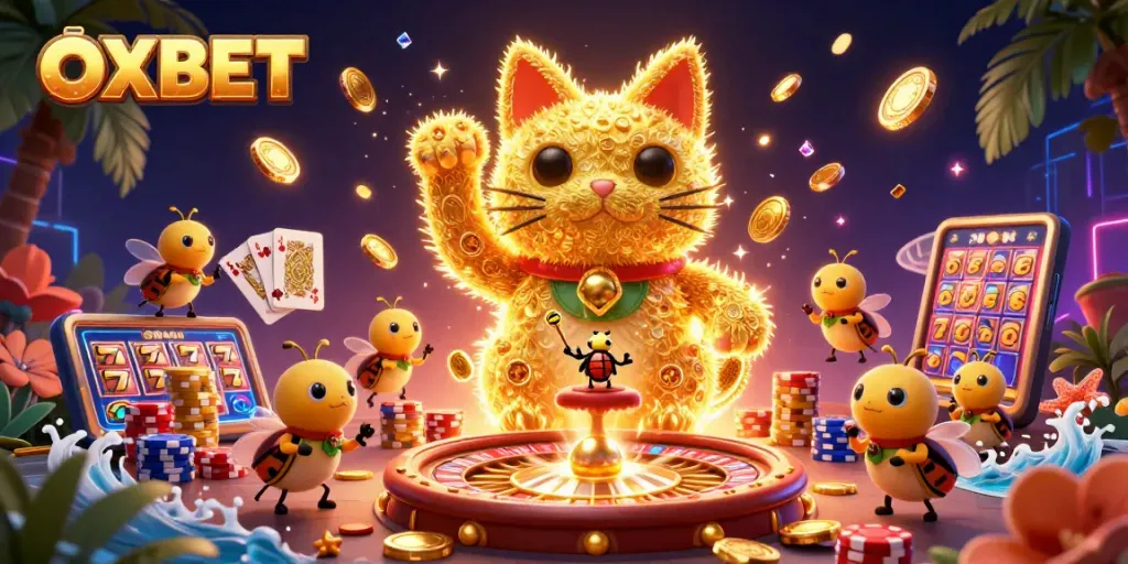 Experience the excitement of OXBET's 3D casino world with vibrant symbols, golden coins, and lucky charms.