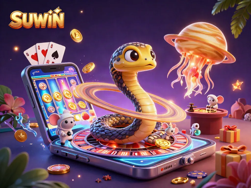 Suwin engages players with an exciting cosmic casino scene featuring a Saturn ring snake as a roulette wheel.