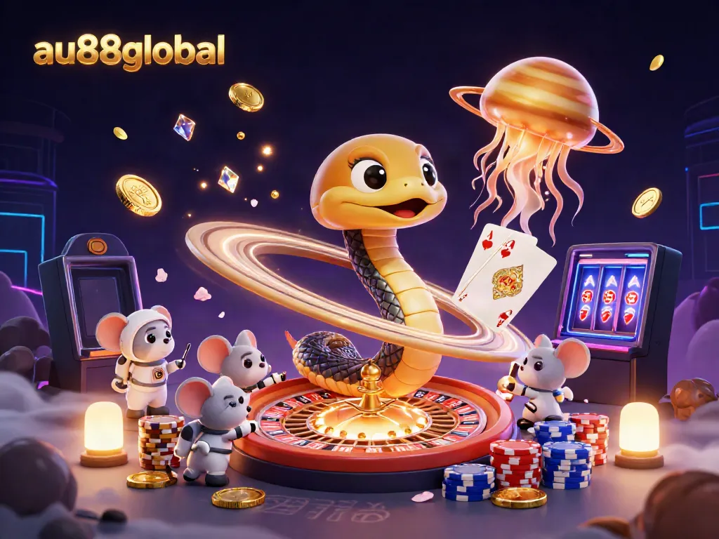 Experience thrilling bets in cosmic roulette with au88global's vibrant 3D casino illustration.