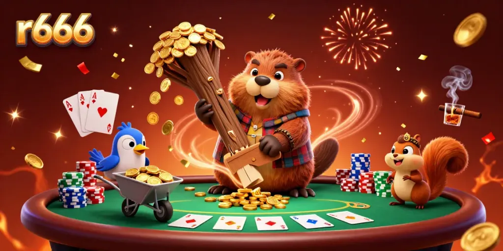 Experience the thrill of r666 with cartoon characters engaging in a lively casino scene, showcasing games and excitement.