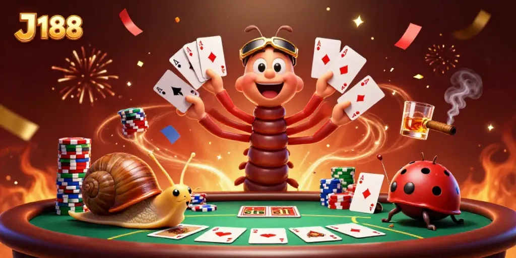 Experience thrilling gameplay at J 188 with colorful poker and dealer characters in a vibrant casino atmosphere.