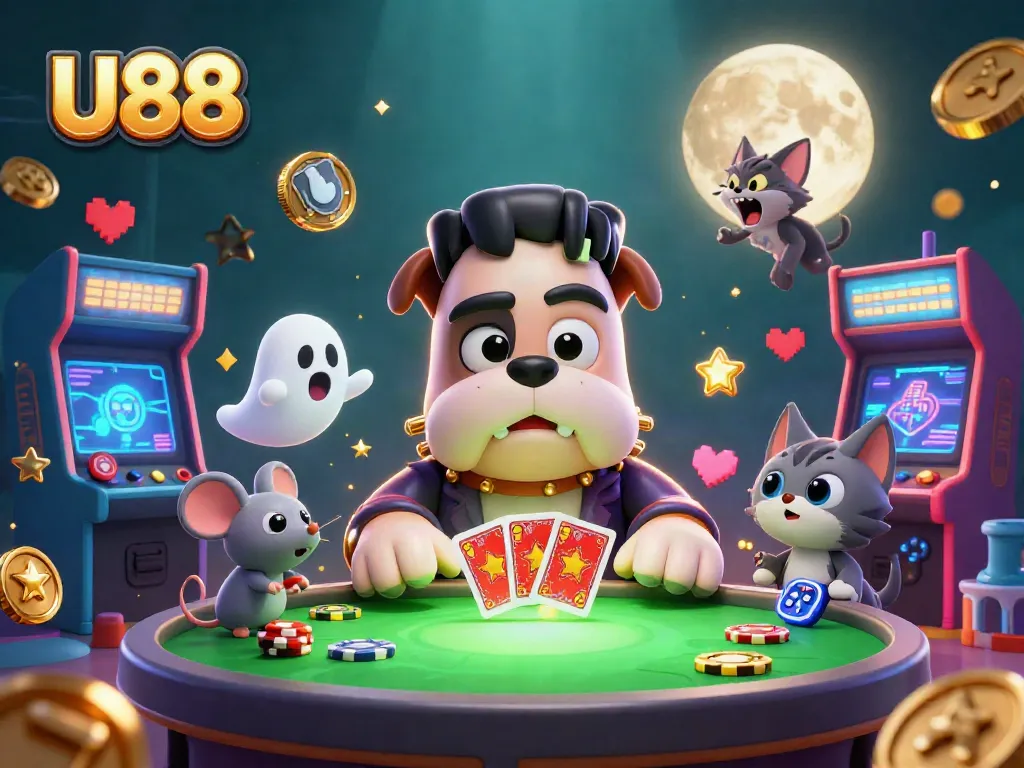 Engage in thrilling gameplay at U88 with the Frankenstein bulldog dealer and ghostly elements.
