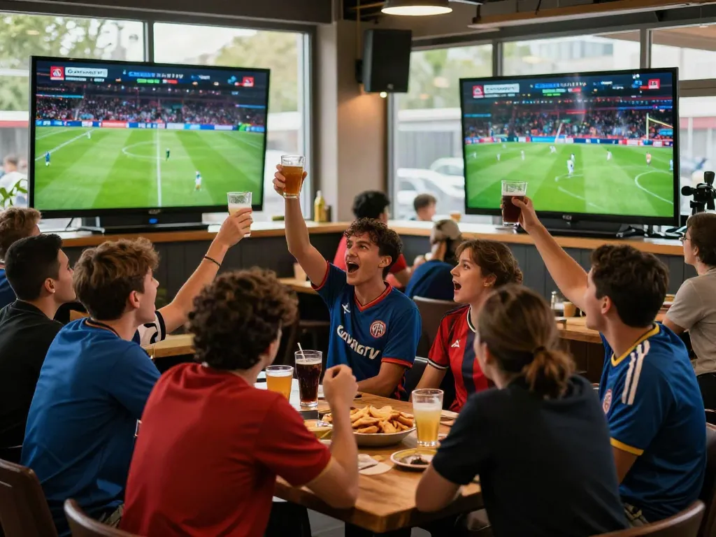 Fans enjoying a live football match on GavangTV in a lively sports bar atmosphere.