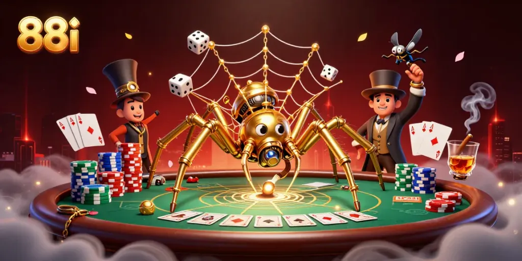 Engaging 88i-themed illustration featuring a steampunk spider and poker details in a rich casino atmosphere